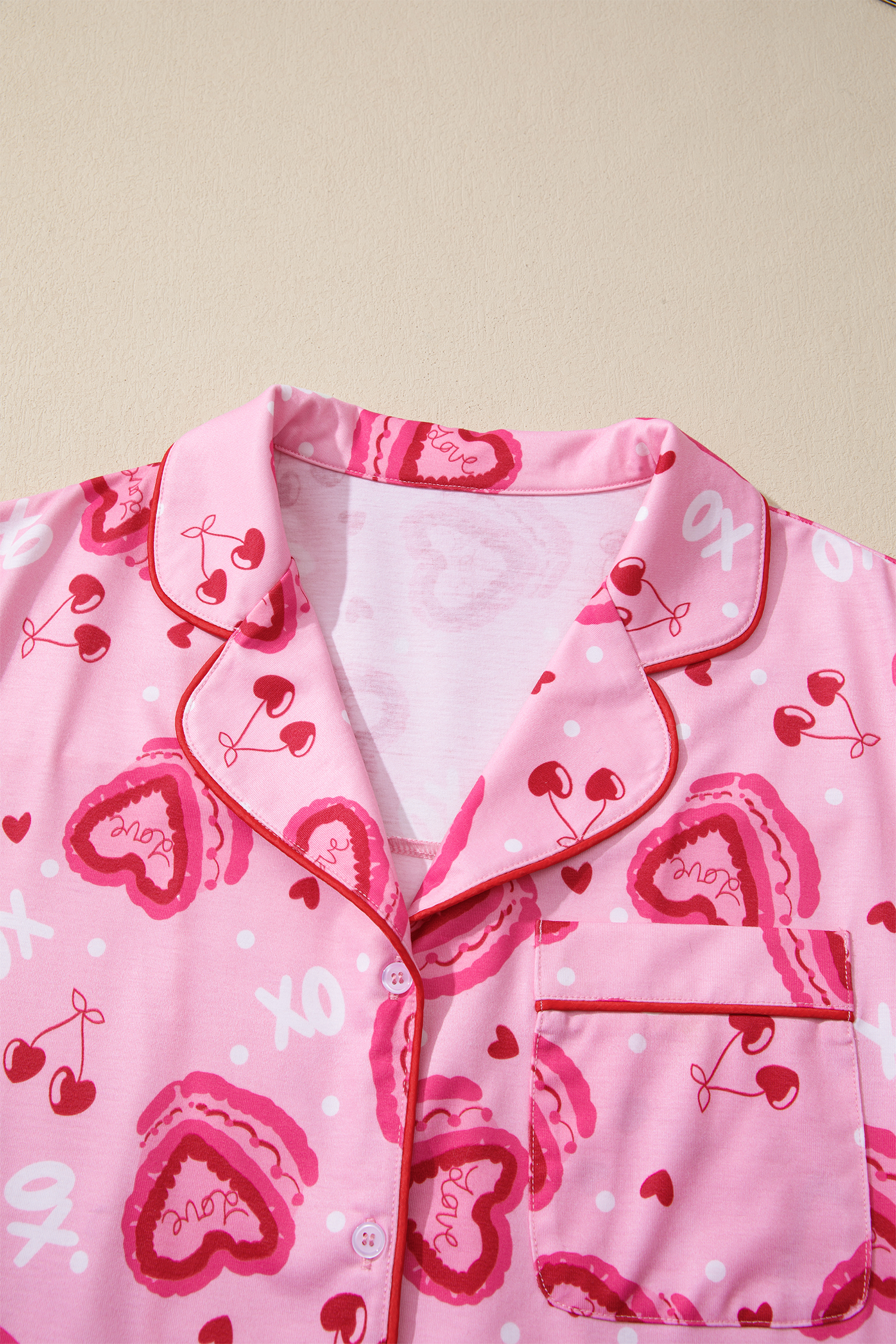 Pink Sweet Heart Cake Print Contrast Ruffle Trim Valentines 2pcs Pajama Set