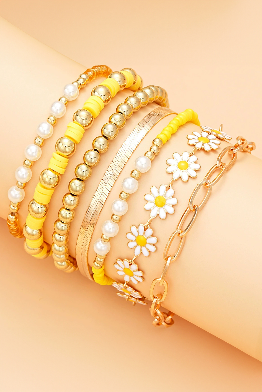 Gold Daisy Beaded Chain Adjustable Multi Layer Bracelet Set