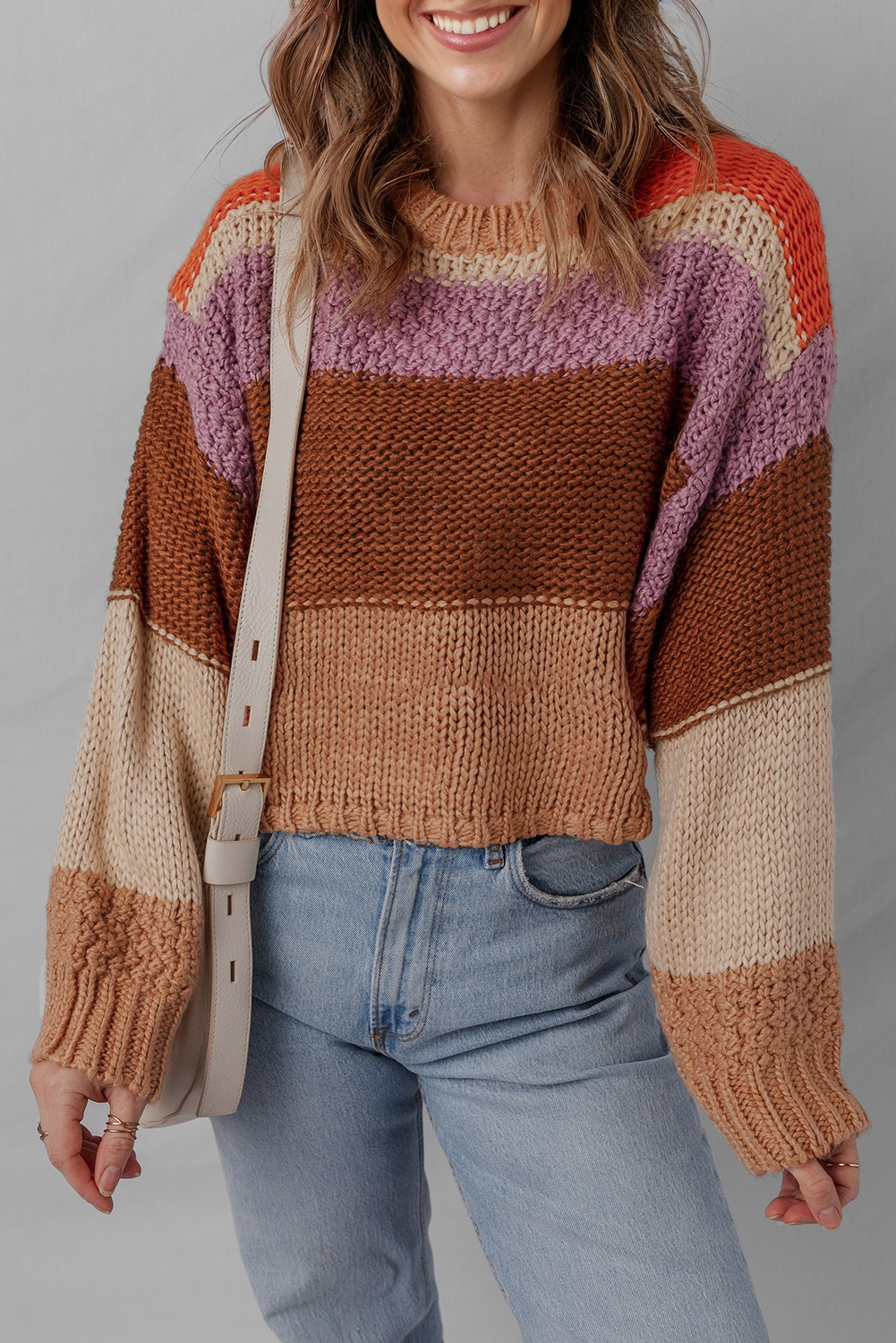 Multicolour Cropped Colorblock Drop Shoulder Knitted Sweater