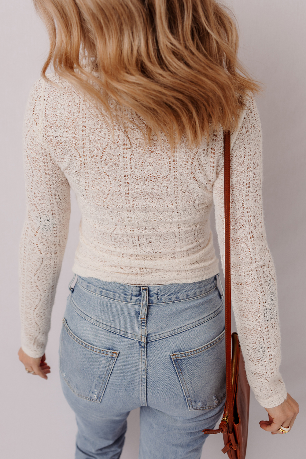Light Pink Semi Sheer Lace Long Sleeve Cropped Top