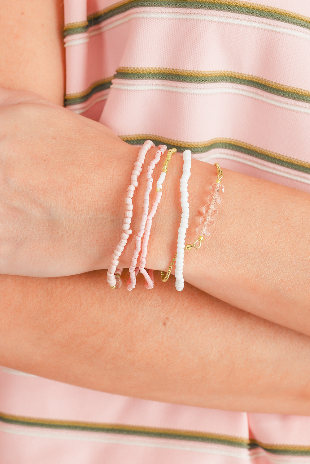 Pink Pearl Crystal Bead Detail 5pcs Elastic Bracelet Set