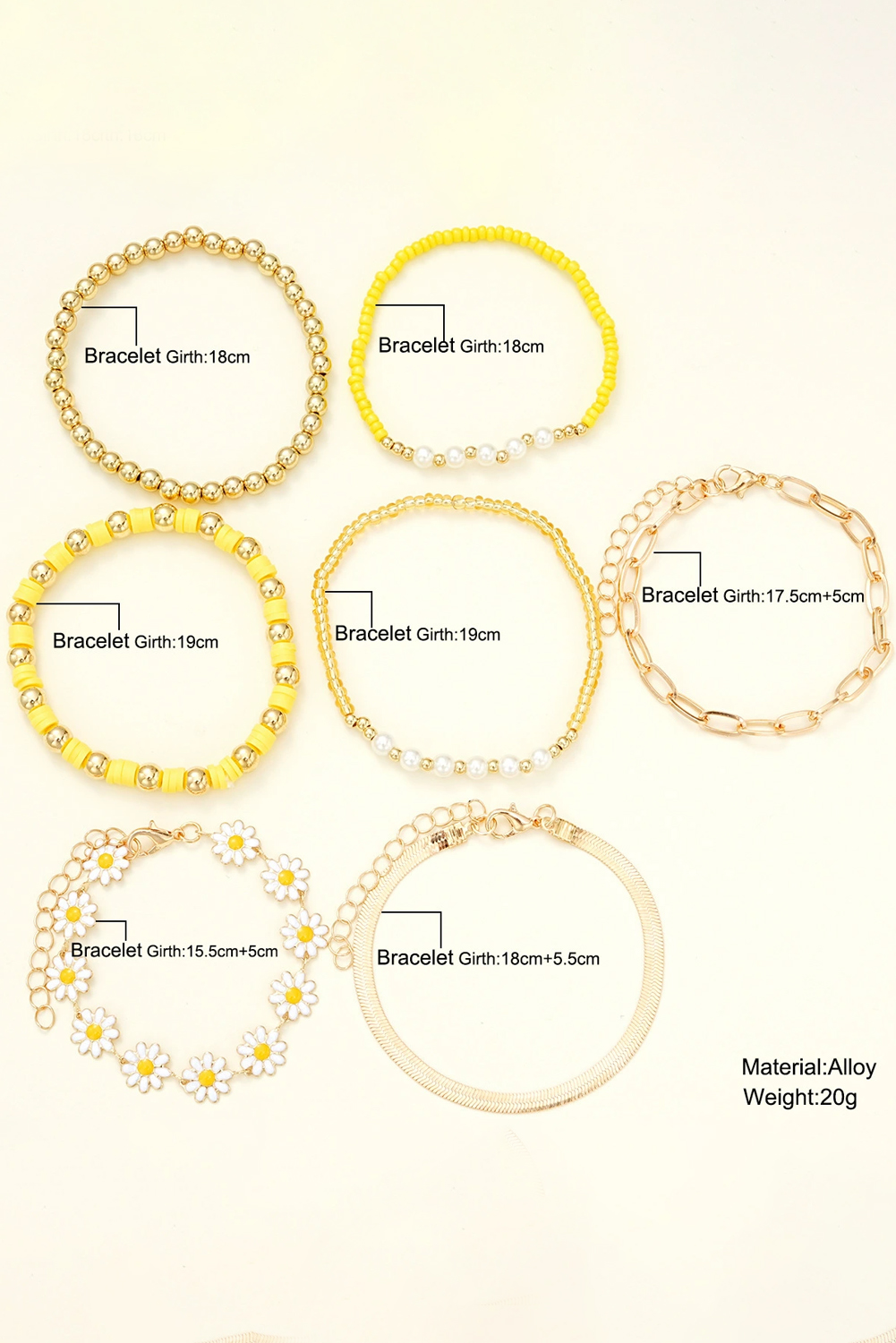 Gold Daisy Beaded Chain Adjustable Multi Layer Bracelet Set