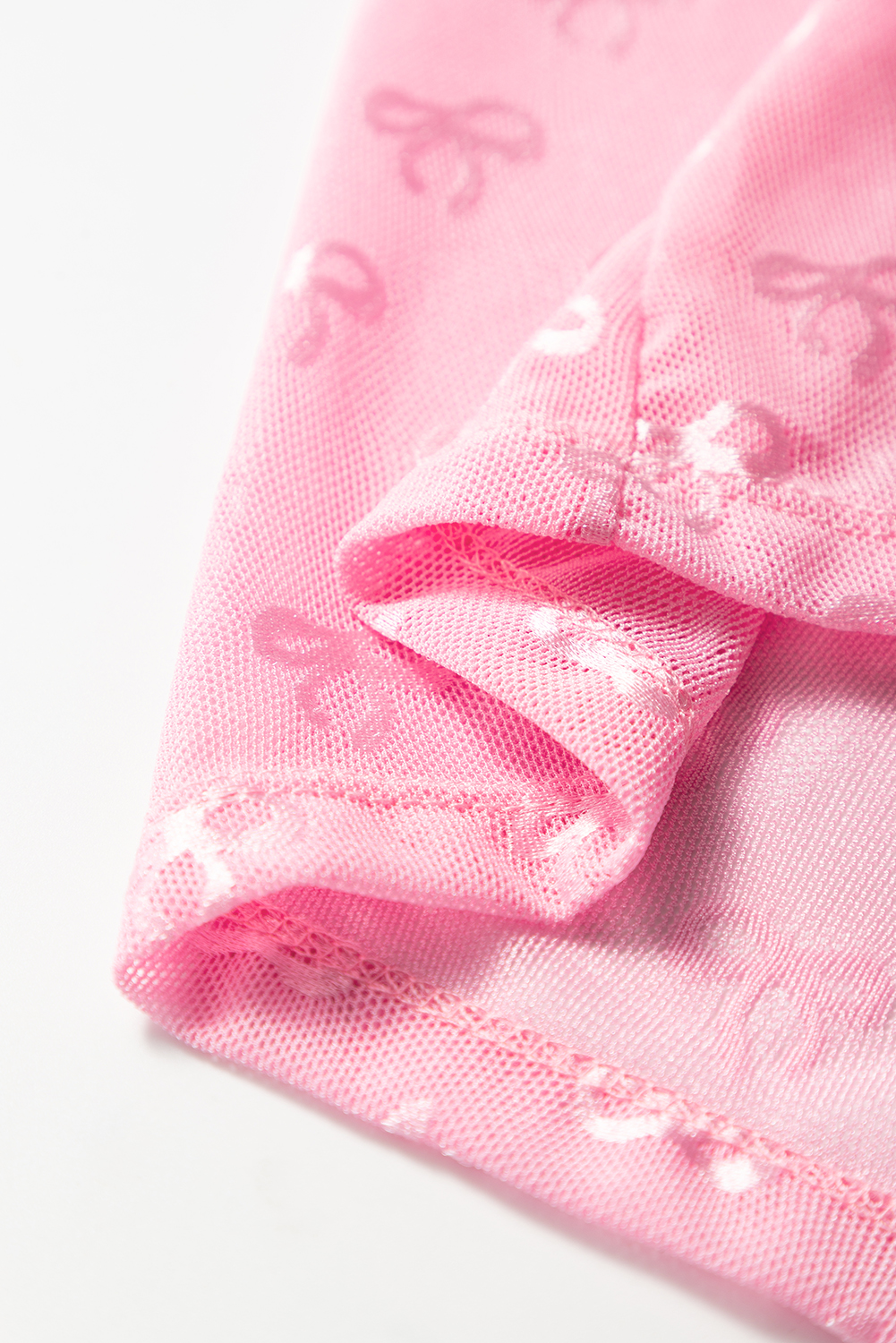 Pink Round Neck Bow Print Long Sleeve Mesh Top