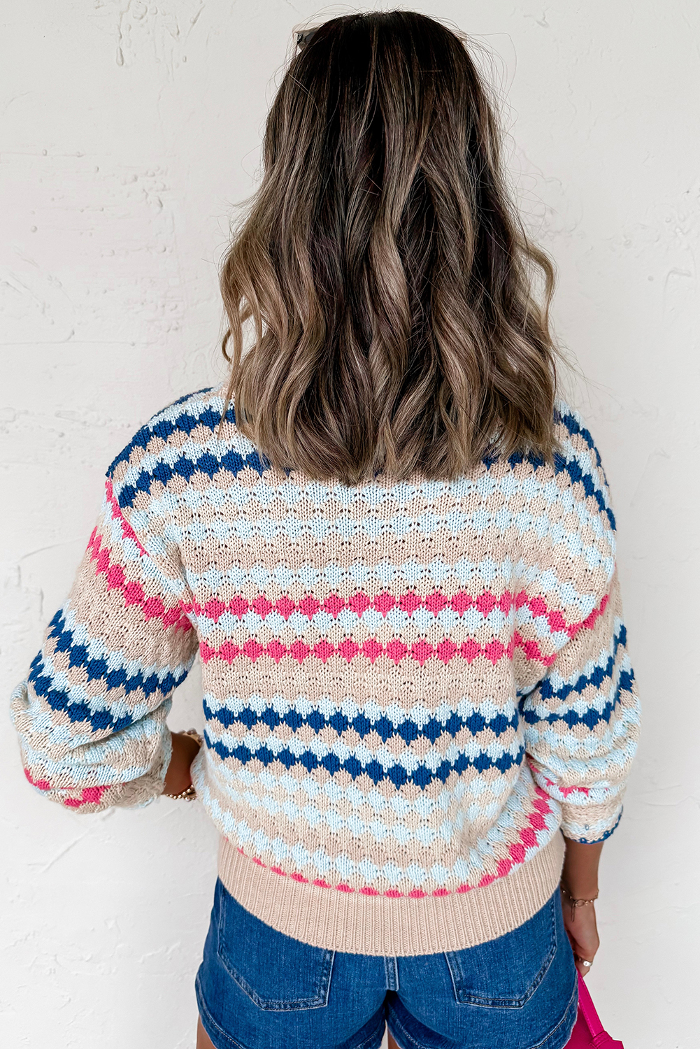 Brown Stripe Eyelet Patterned Drop Shoulder Sweater