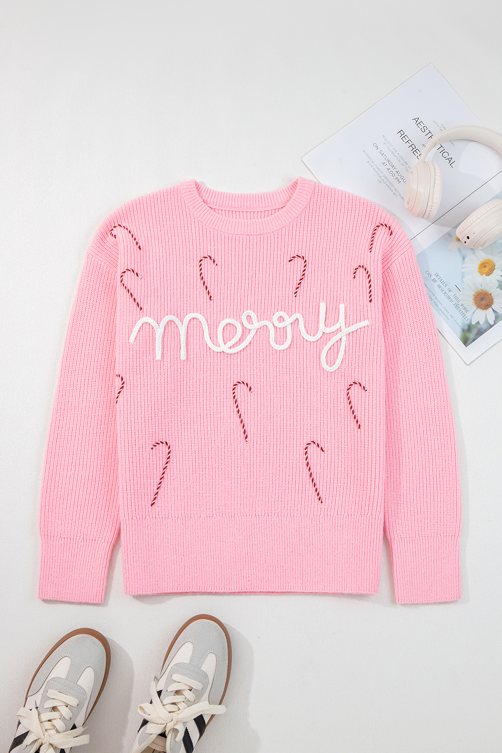 Pink Merry Candy Cane Puffy Knit Crew Neck Sweater