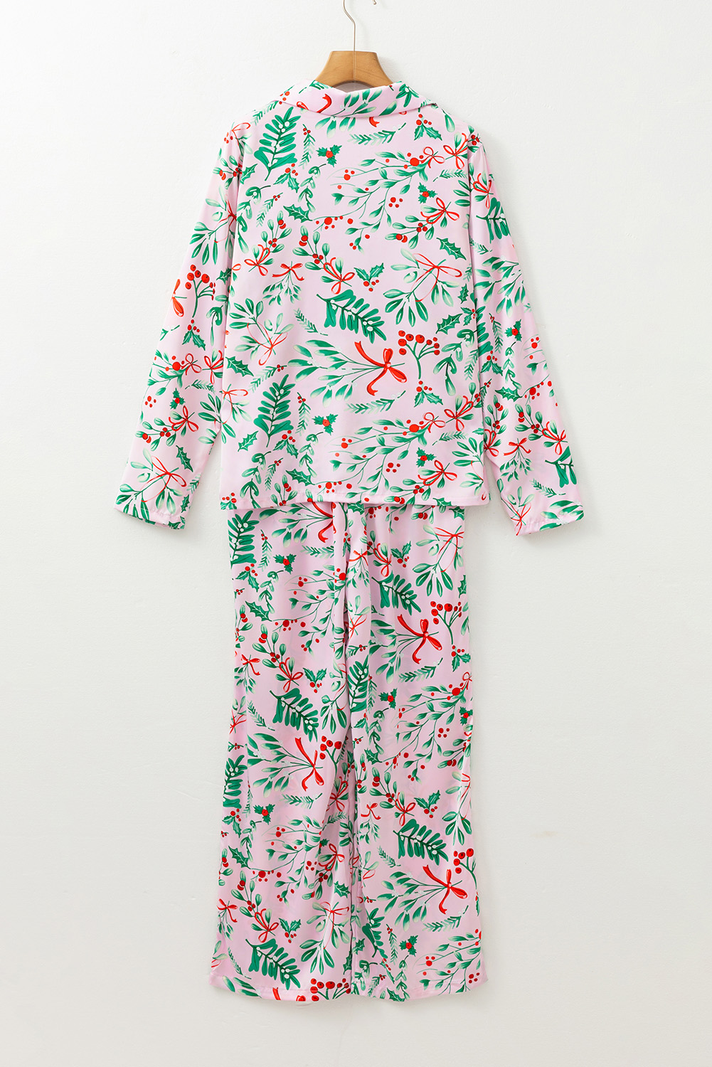 Pink Christmas Berries Plant Print Satin Long Sleeve Pajama Set