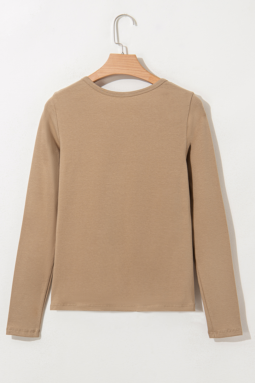 Pale Khaki Long Sleeve Buttons V Neck Slim Fit Top