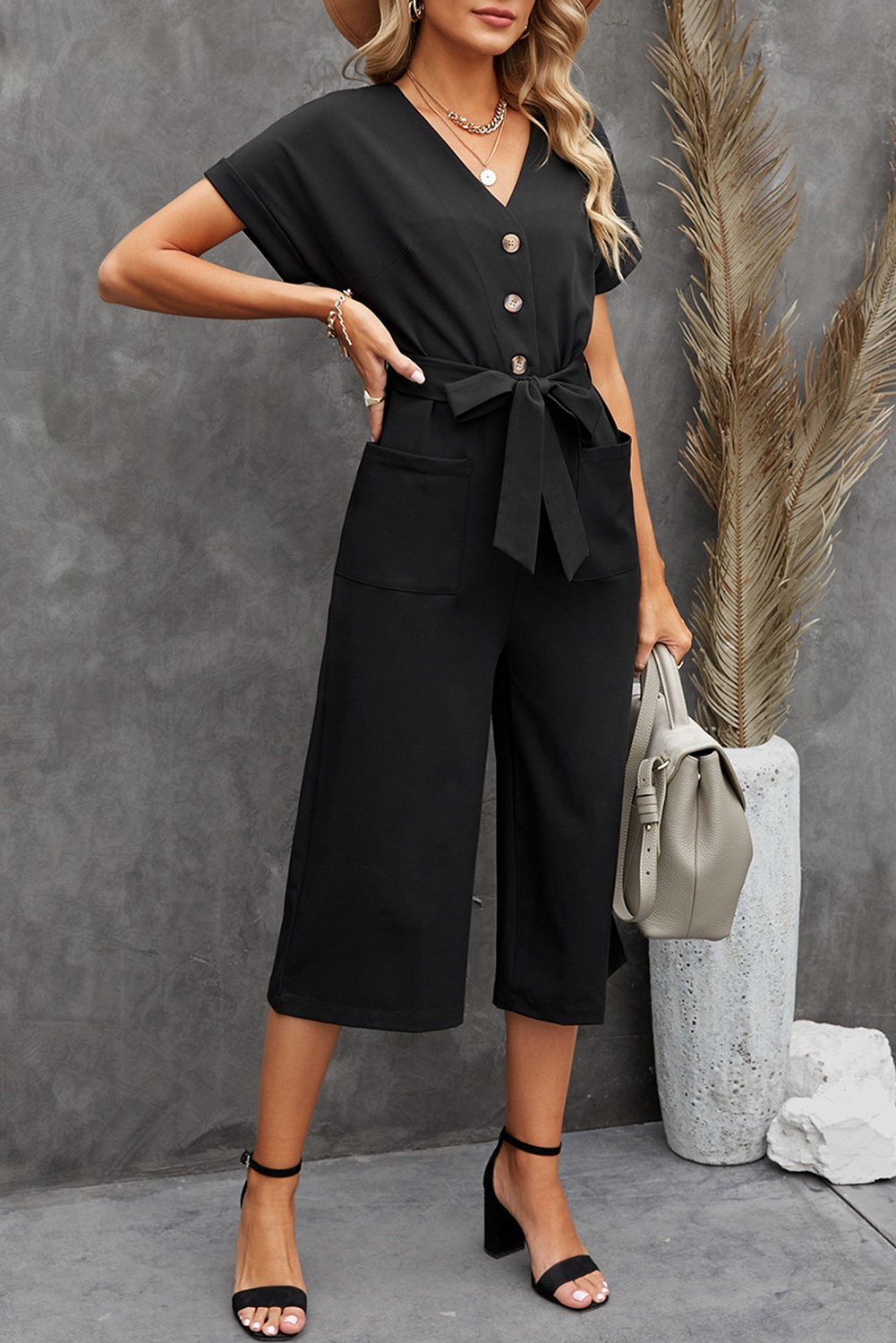 Black Dolman Button Belted V Neck Wide Leg Pocketed Jumpsuit