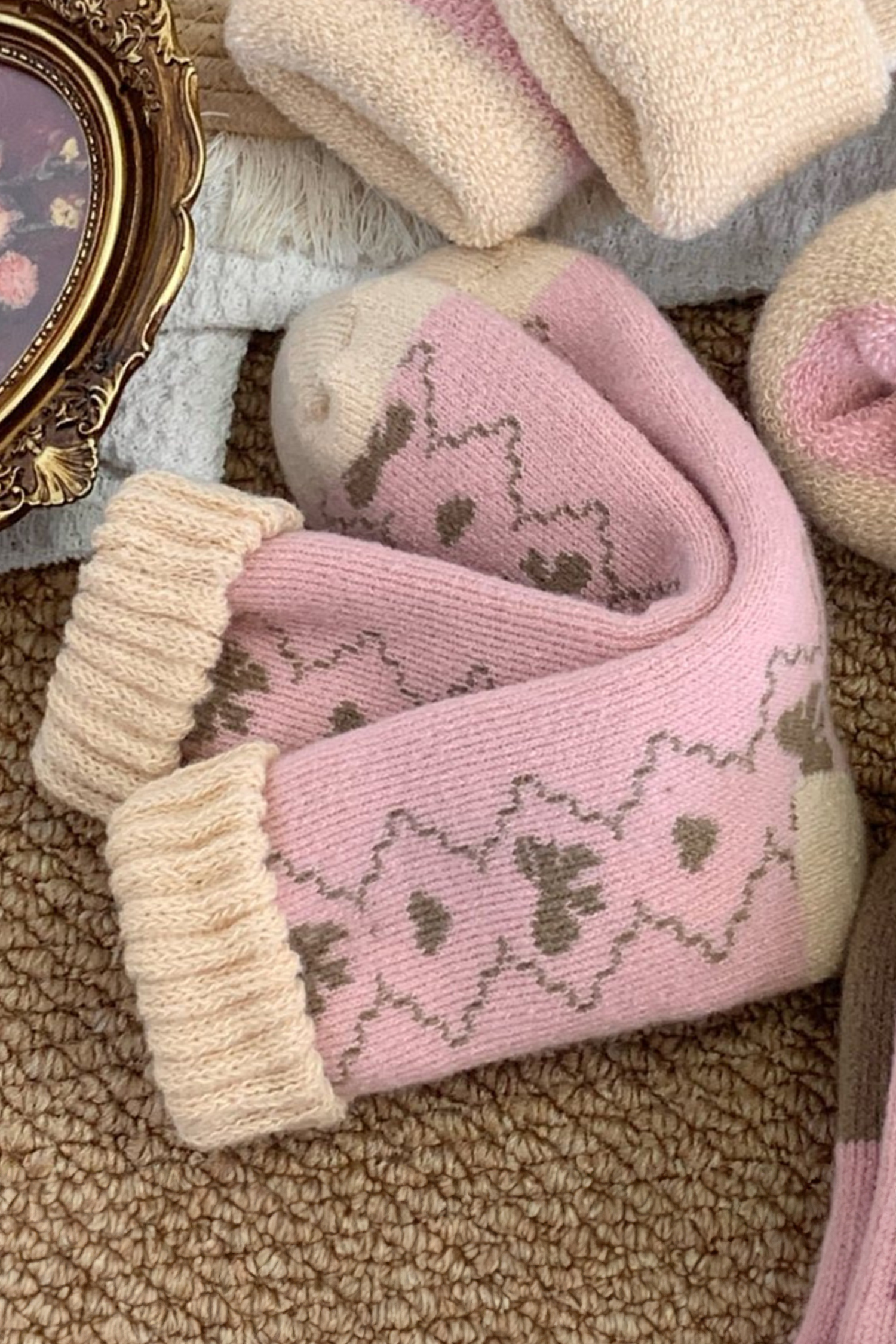 Pink Geometric Bow Heart Printed Ribbed Cuffs Winter Socks