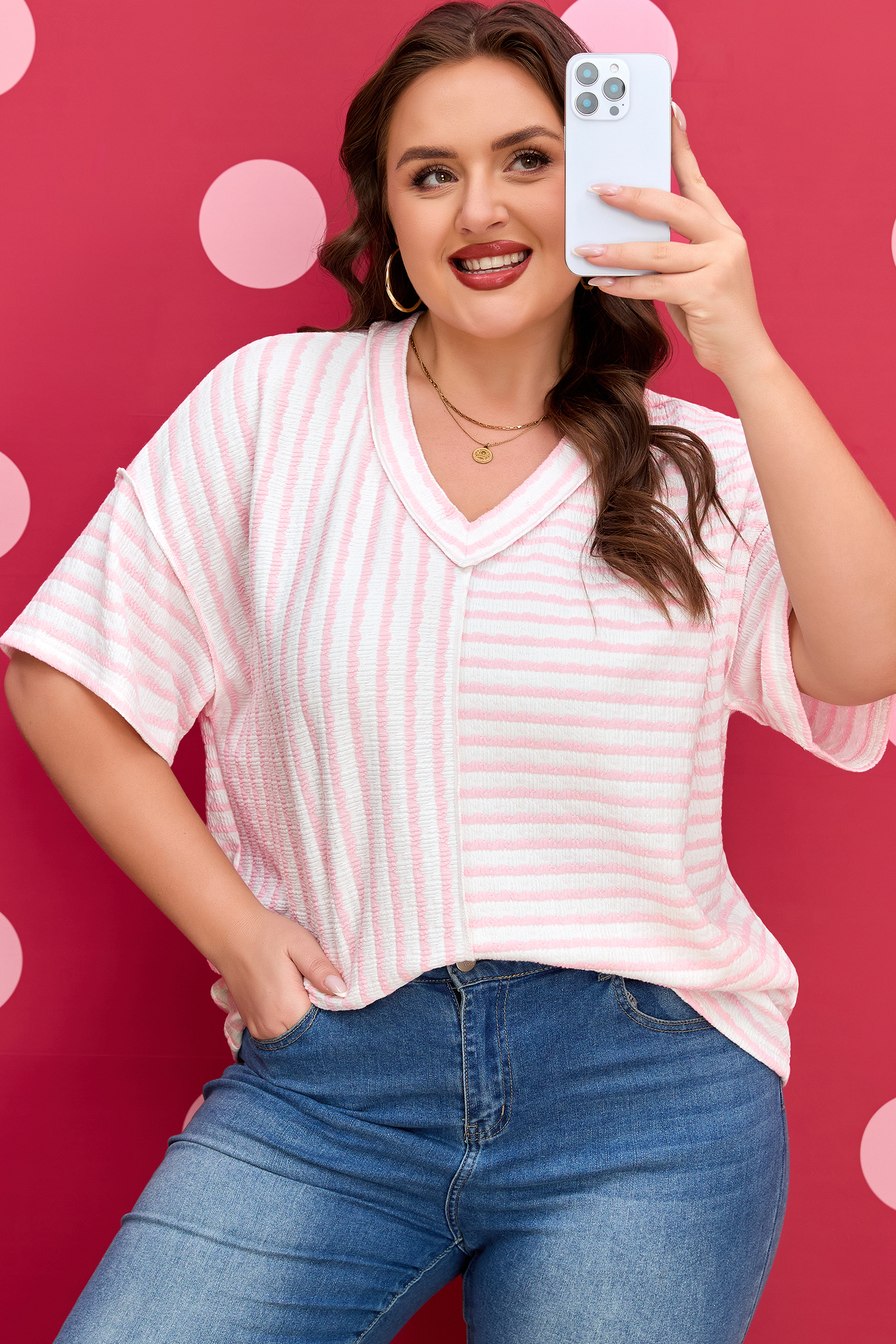 Pink Stripe Plus Size V Neck Exposed Seam Patchwork T Shirt