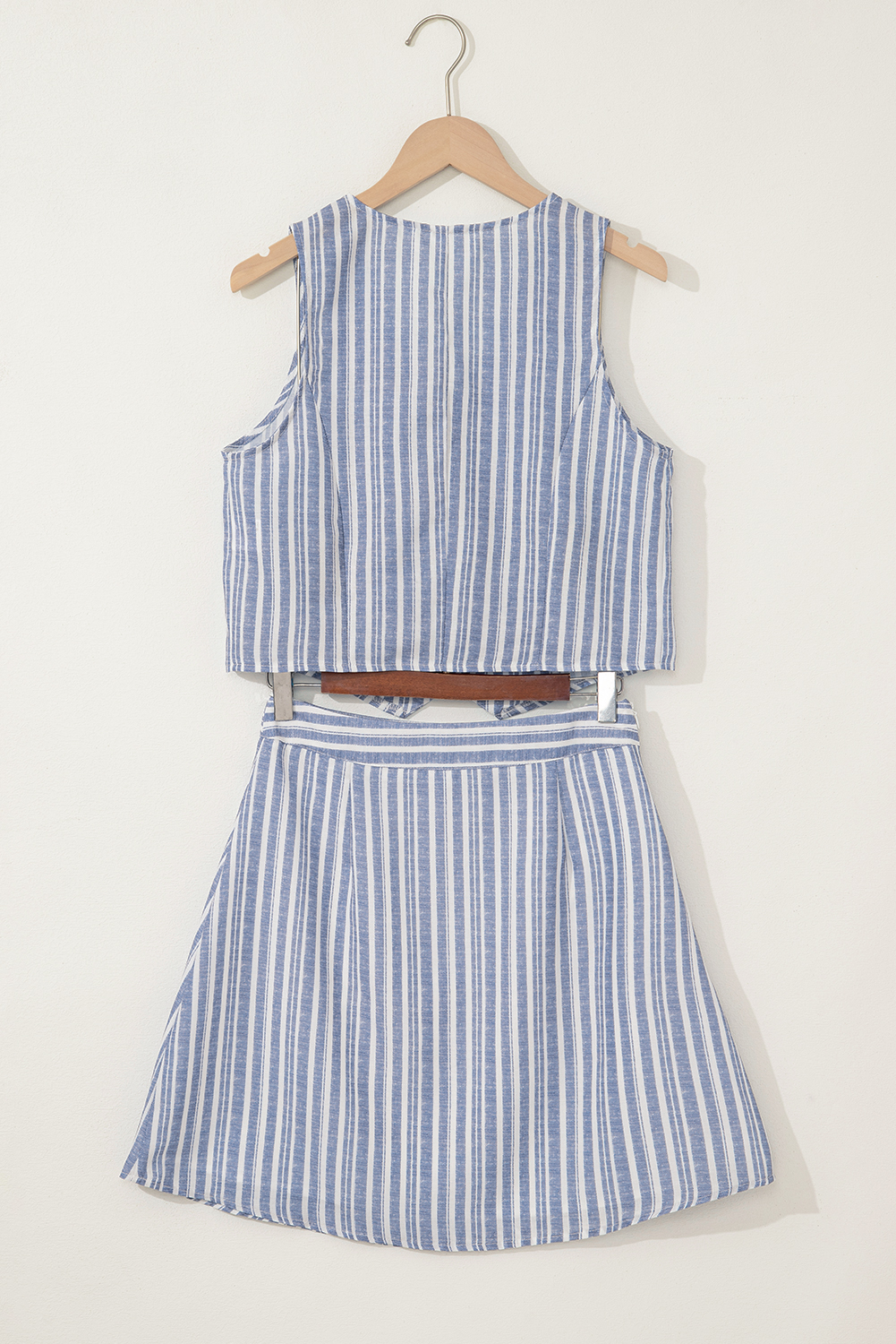 Sky Blue Stripe Buttoned Office Waistcoat Mini Skirt Set