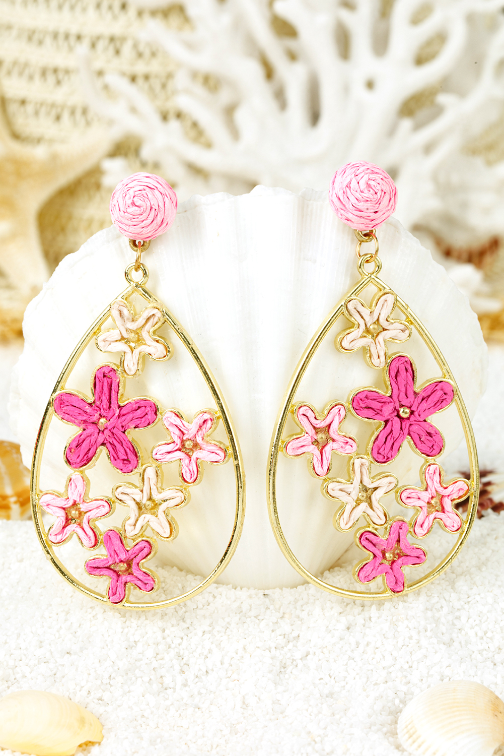 Rose Red Flower Plaited Gold Plated Waterdrop Earrings