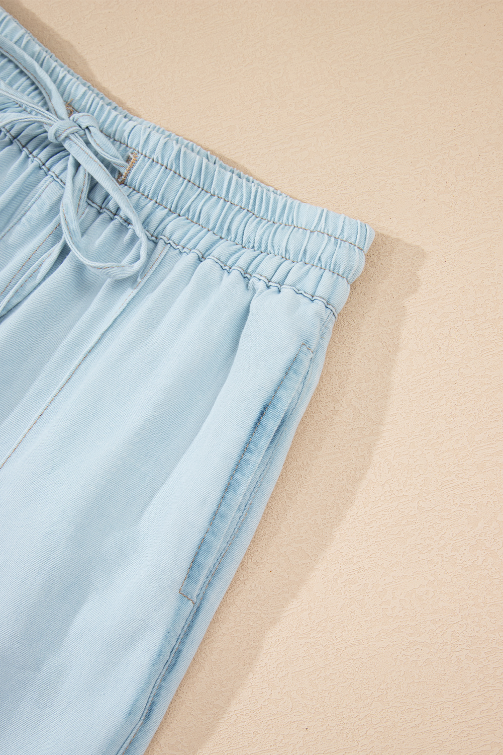 Beau Blue Light Wash Contrast Trim Center Seam Drawstring Elastic Waistband Wide Leg Denim Pants