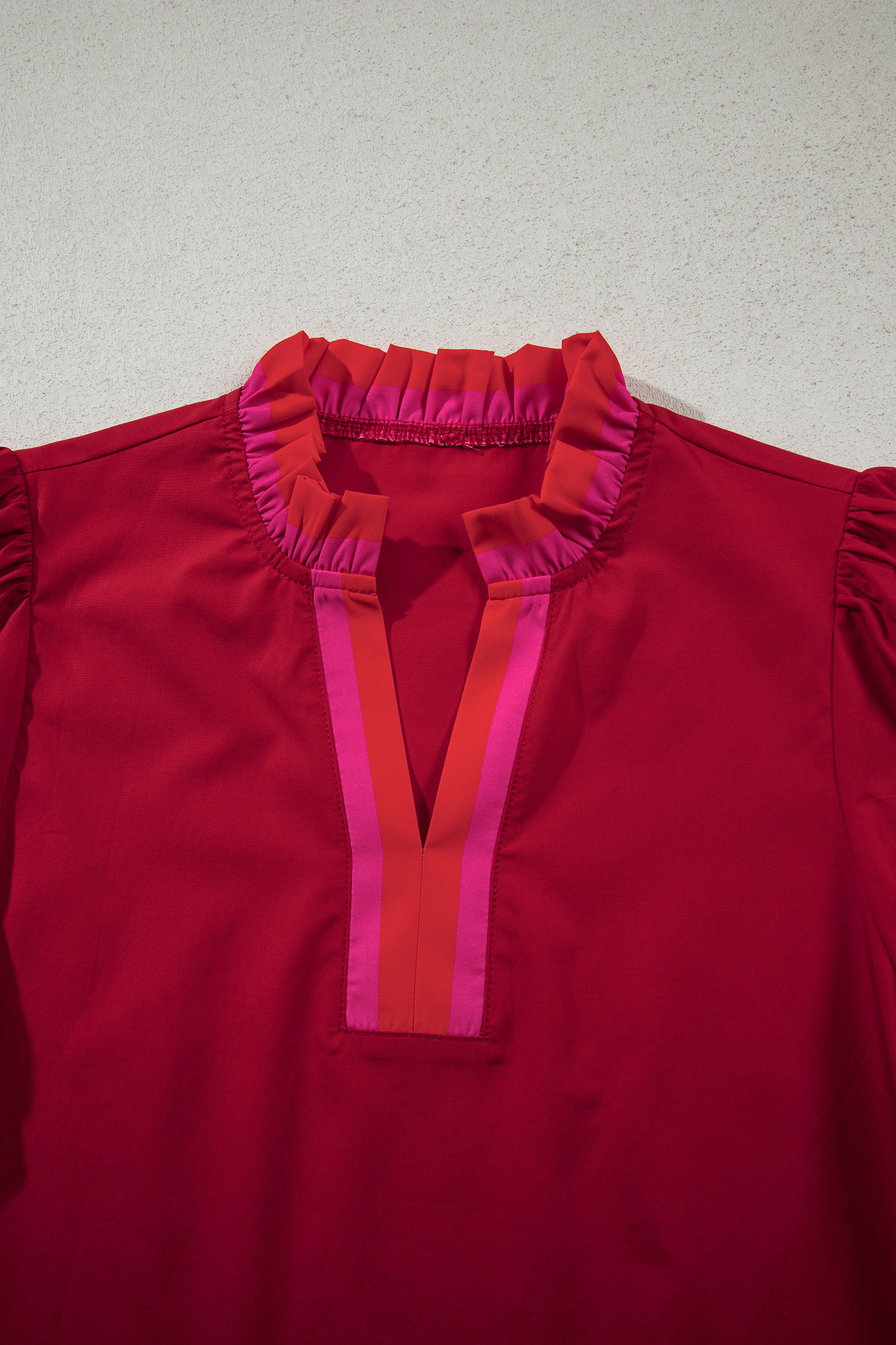 Four Leaf Clover Striped Trim Ruffle Split Neck Long Sleeve Blouse