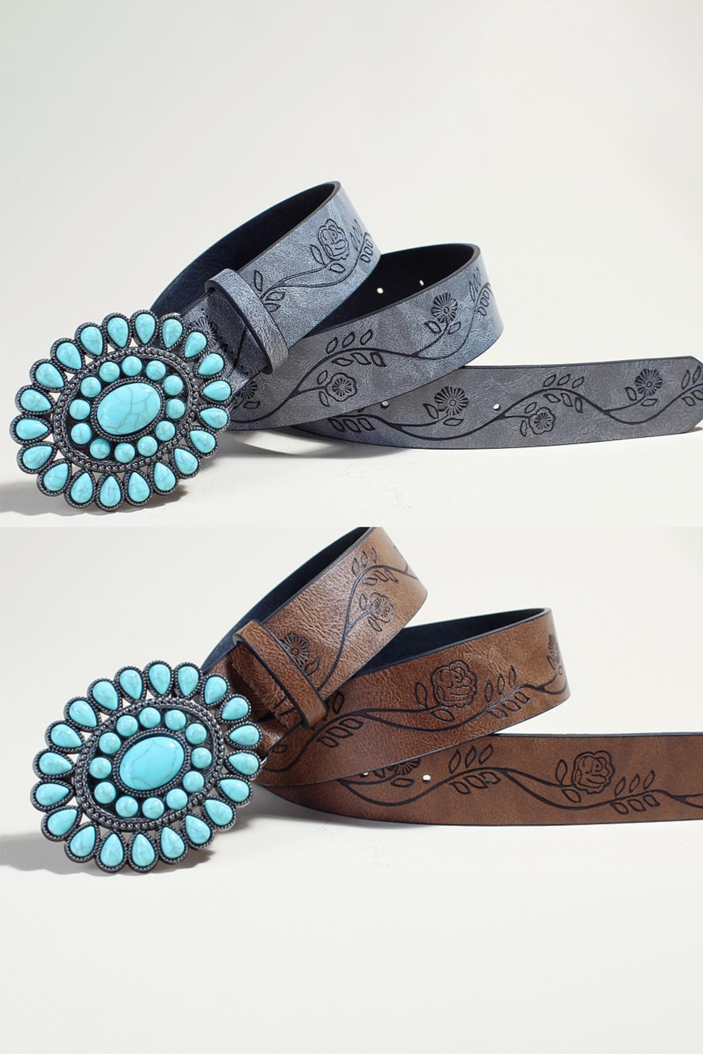 Chestnut Turquoise Gem Stone Western Fashion Faux Leather Belt