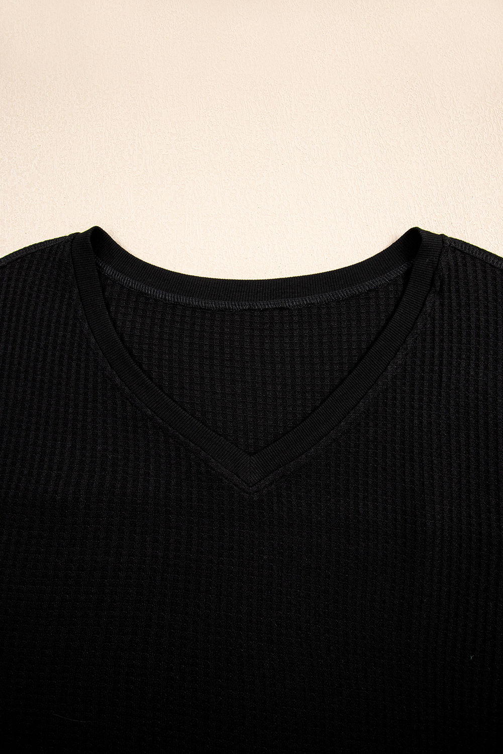 Black Waffle Texture Ribbed V Neck Drop Shoulder Loose Tee