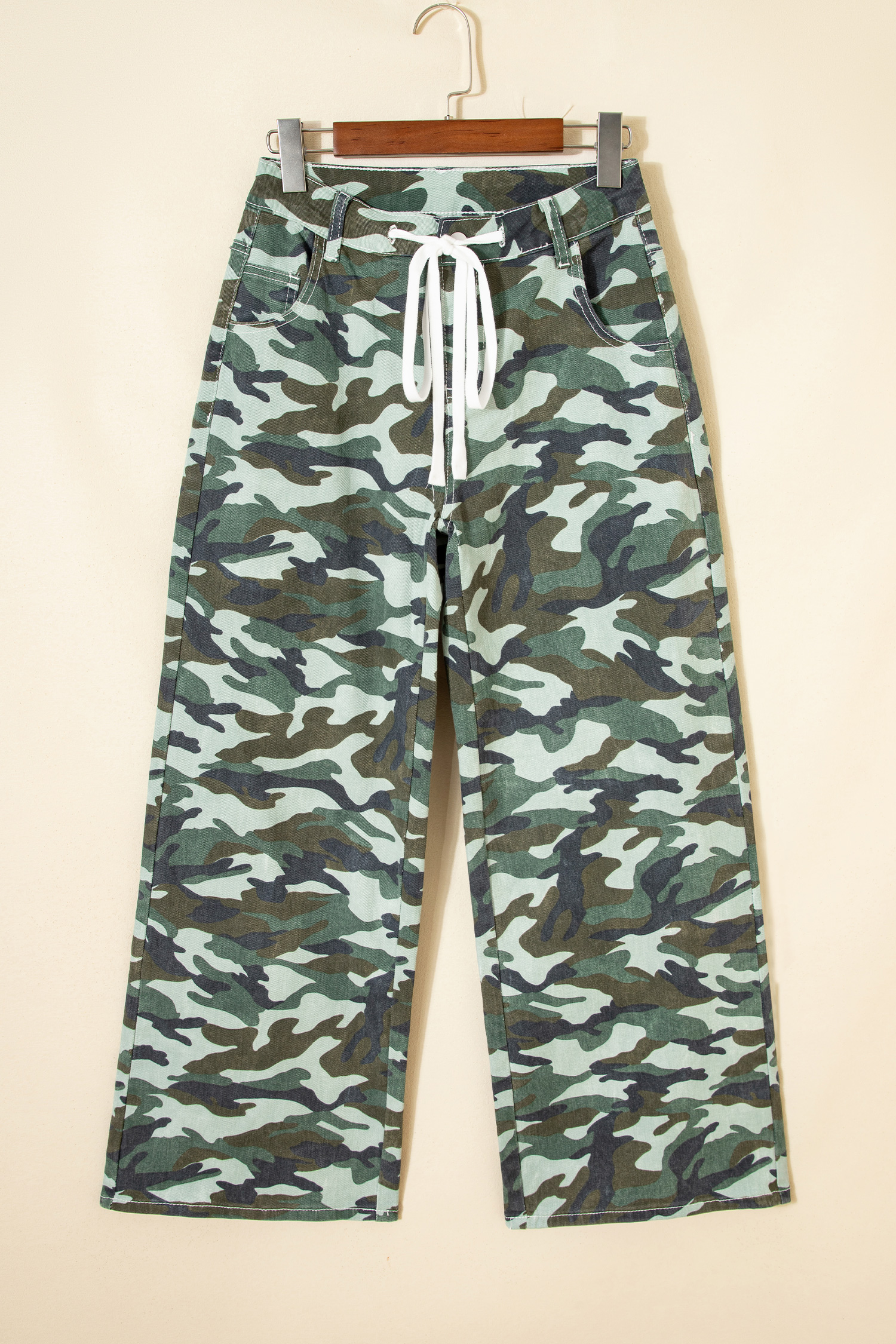 Green Camouflage Print Wide Leg Drawstring Denim Pants