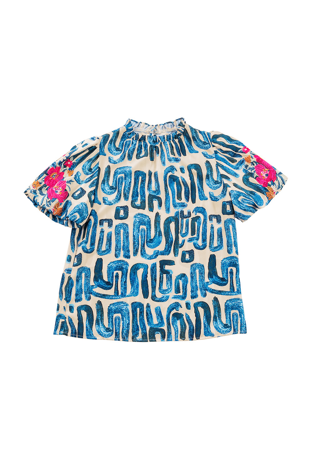 Beige Abstract Print Bubble Sleeve Button up Mini Dress