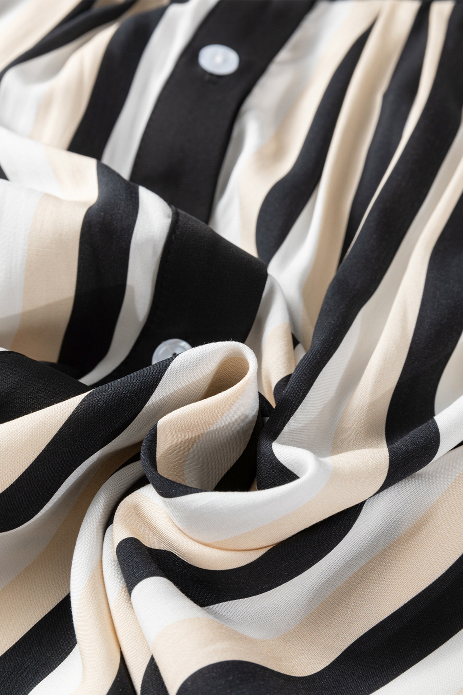 Black Stripe 3/4 Puff Sleeve Shirt Style Button Down Midi Dress