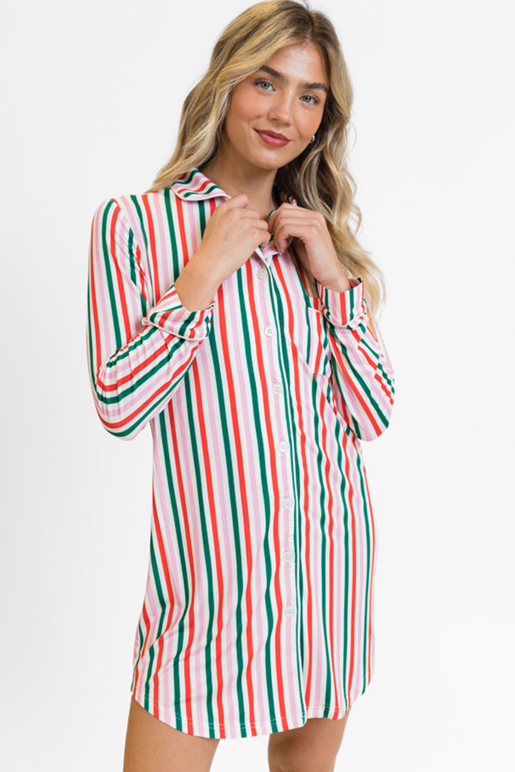 Pink Stripe Christmas Long Sleeve Shirt Style Lounge Dress