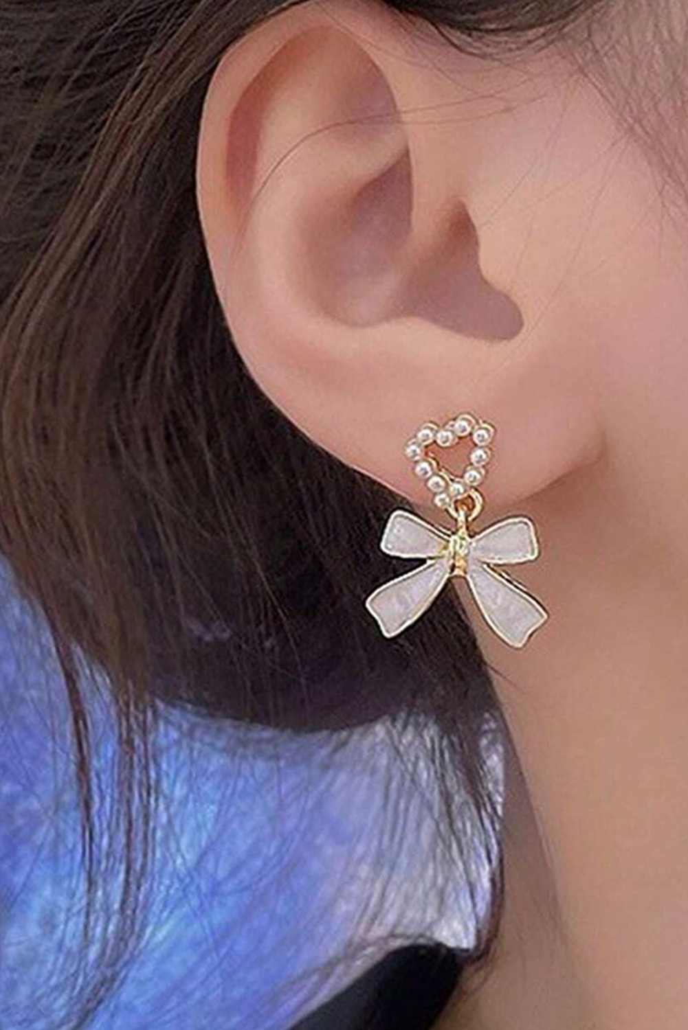 Gold Pearled Heart Shape Bow Knot Dangle Earrings