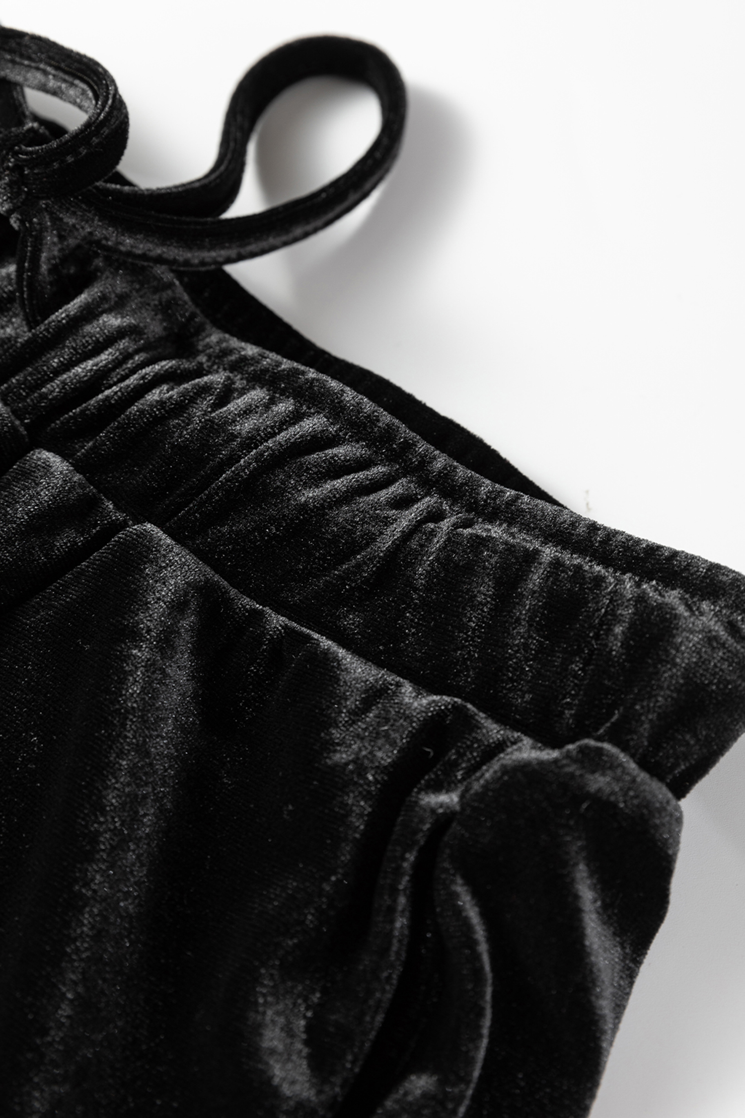 Black Shiny Velvet Drawstring High Waist Straight Leg Casual Pants