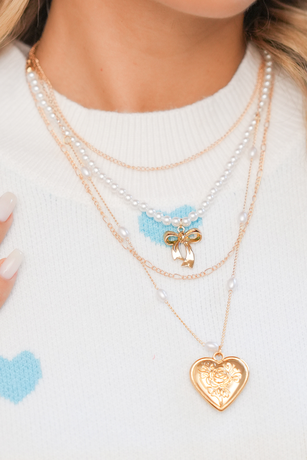 Gold Plated Bow Heart Pendant Pearl Beading Multilayer Necklace