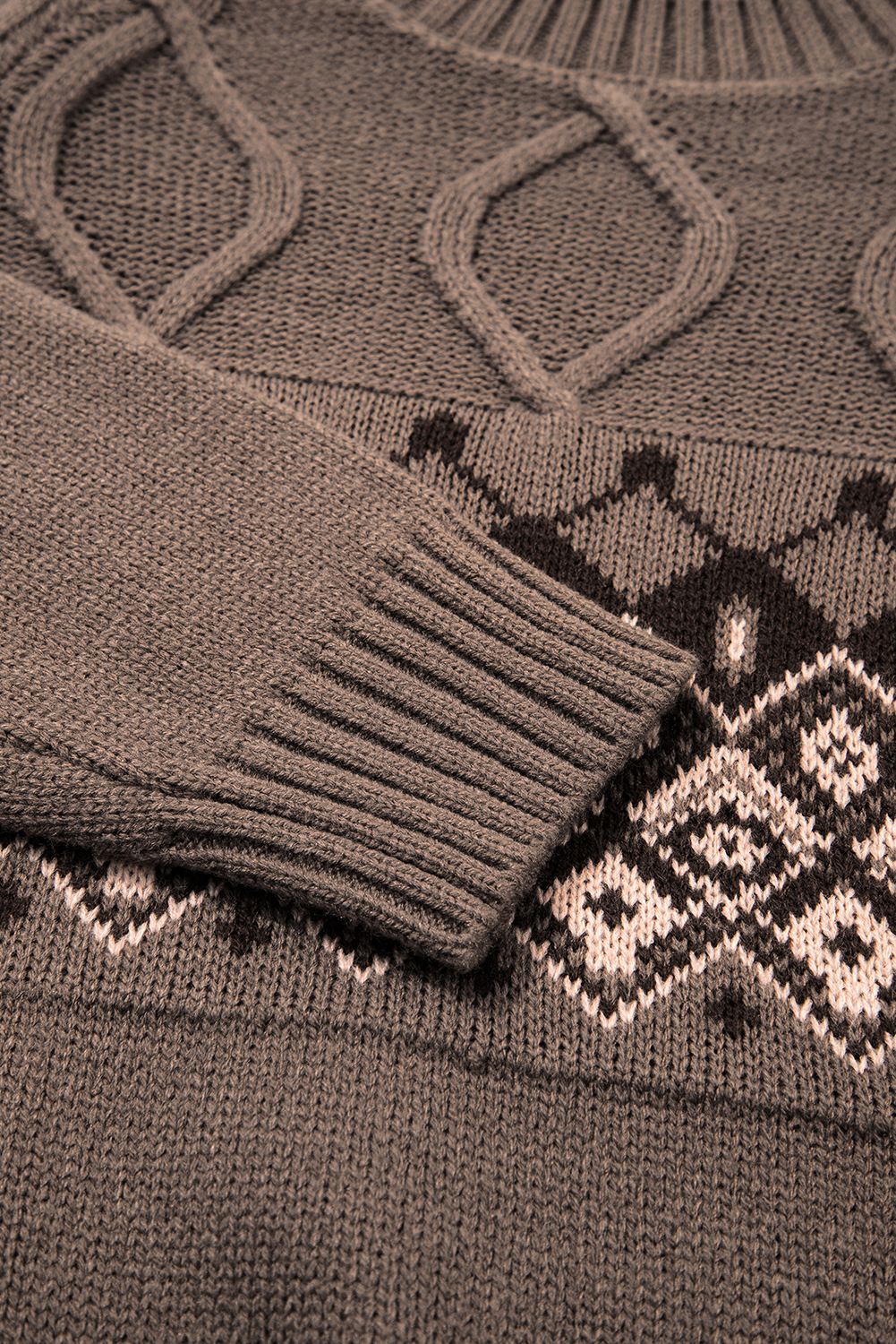 Light French Beige Western Geometric Patterned Crew Neck Knitted Sweater