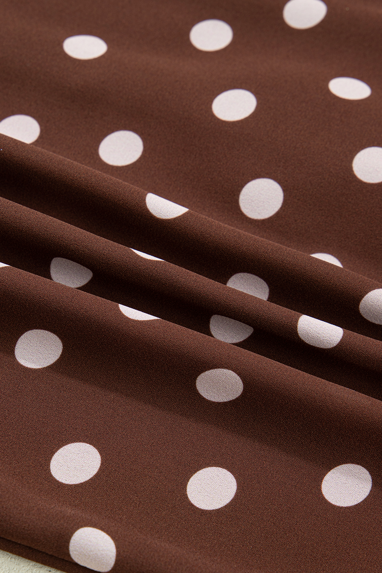 Coffee Polka Dot Print Ruffle Trim V Neck Long Bell Sleeve Blouse