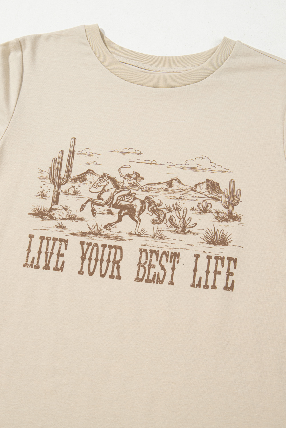 Beige LIVE YOUR BEST LIFE Crew Neck Western Graphic Tee