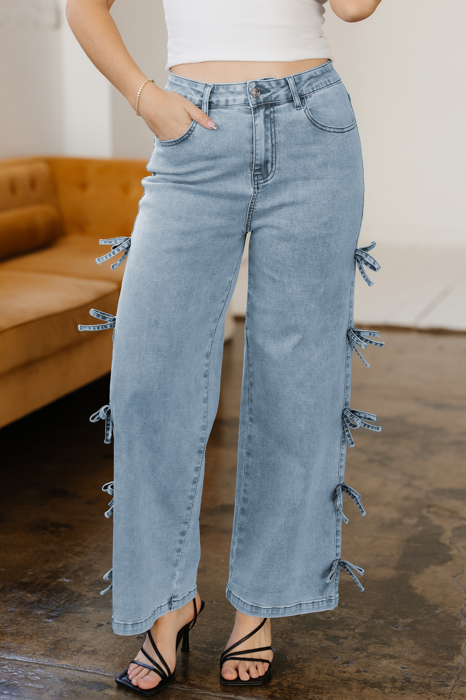 White Bow Knot Side Detail Straight Leg Loose Jeans
