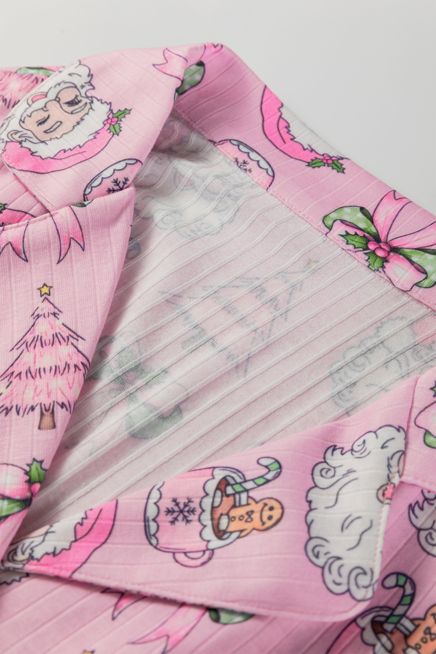 Pink Christmas Print Ruffled Ribbed Shirt & Pants 2 Piece PJ Set