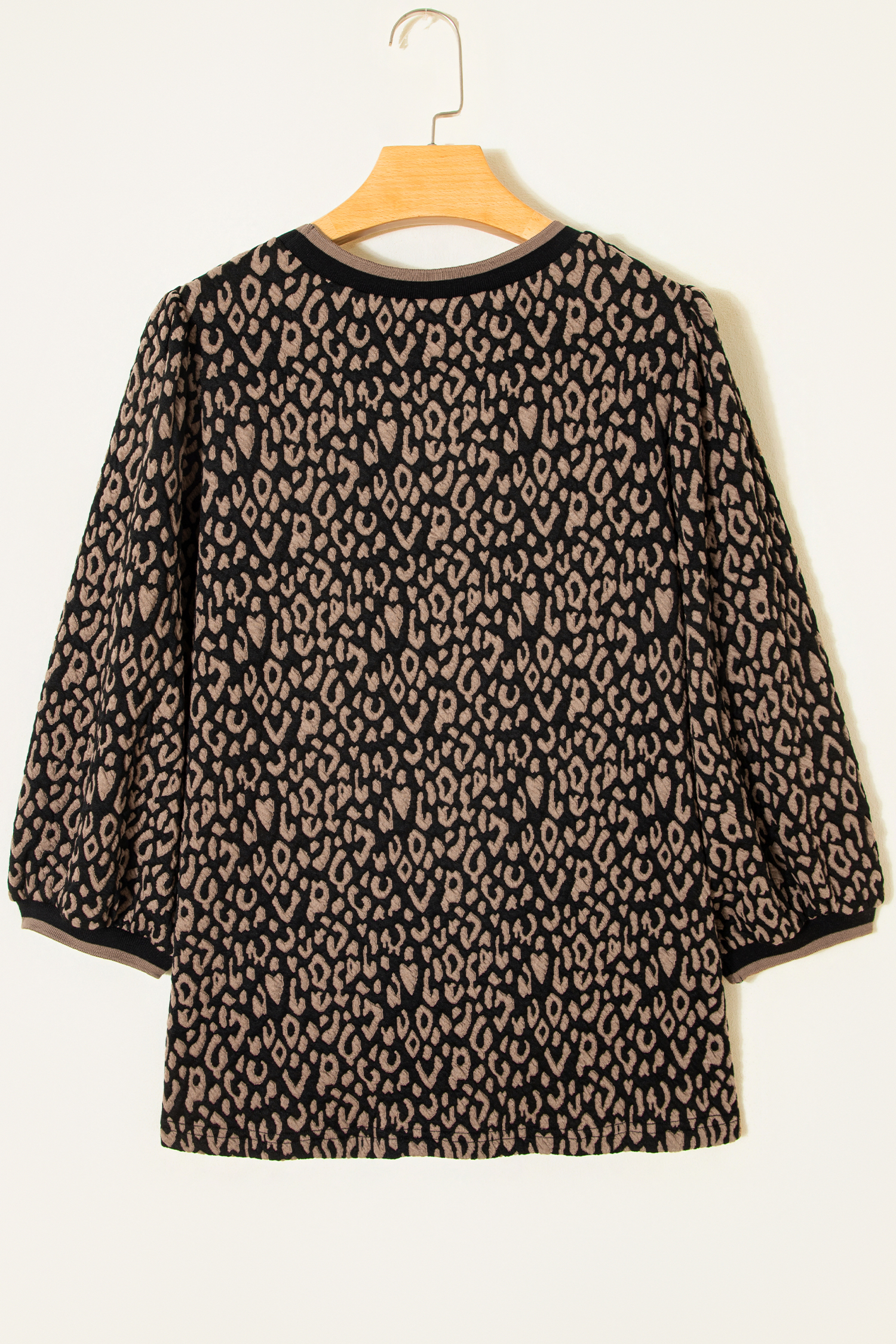 Black Leopard Print Puffy Bracelet Sleeve Contrast Trim Round Neck Top