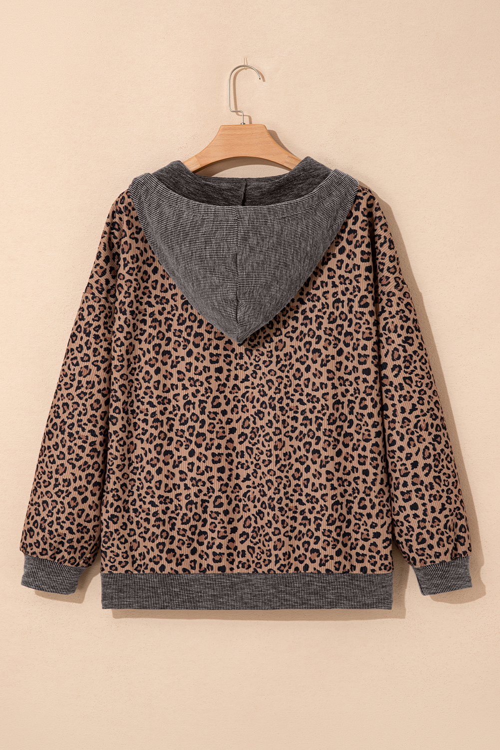 Khaki Ribbed Leopard Print Contrast Collar Zip Hooded Pullover Sweatshirt