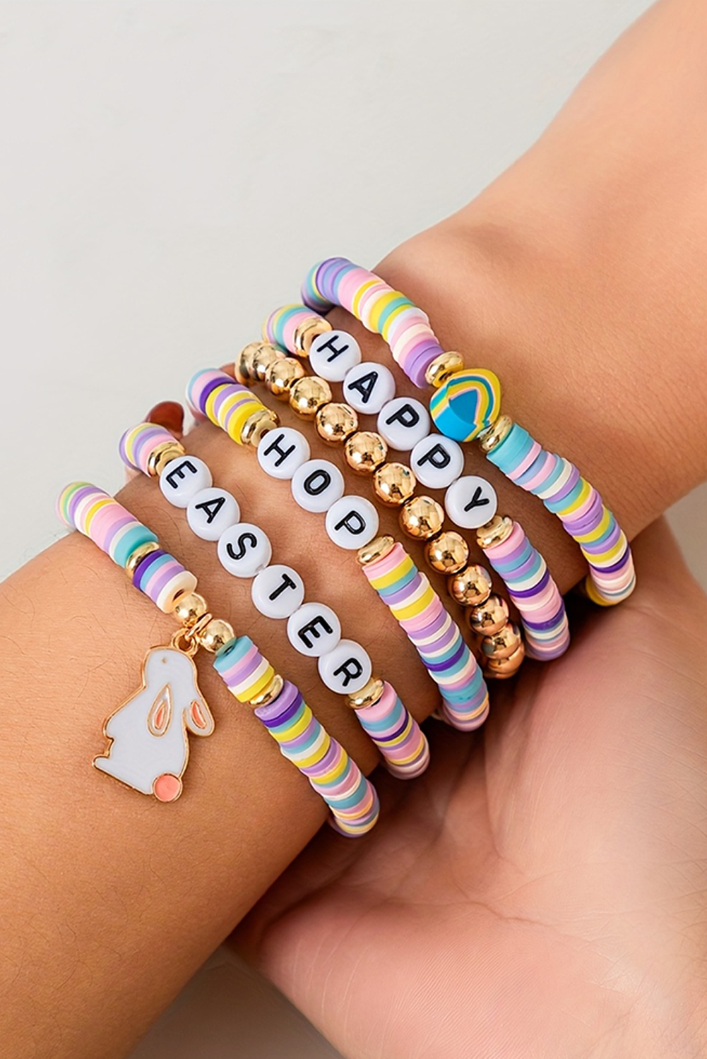 Gold Happy Easter Letter Beaded Elastic Multi Layer Bracelet