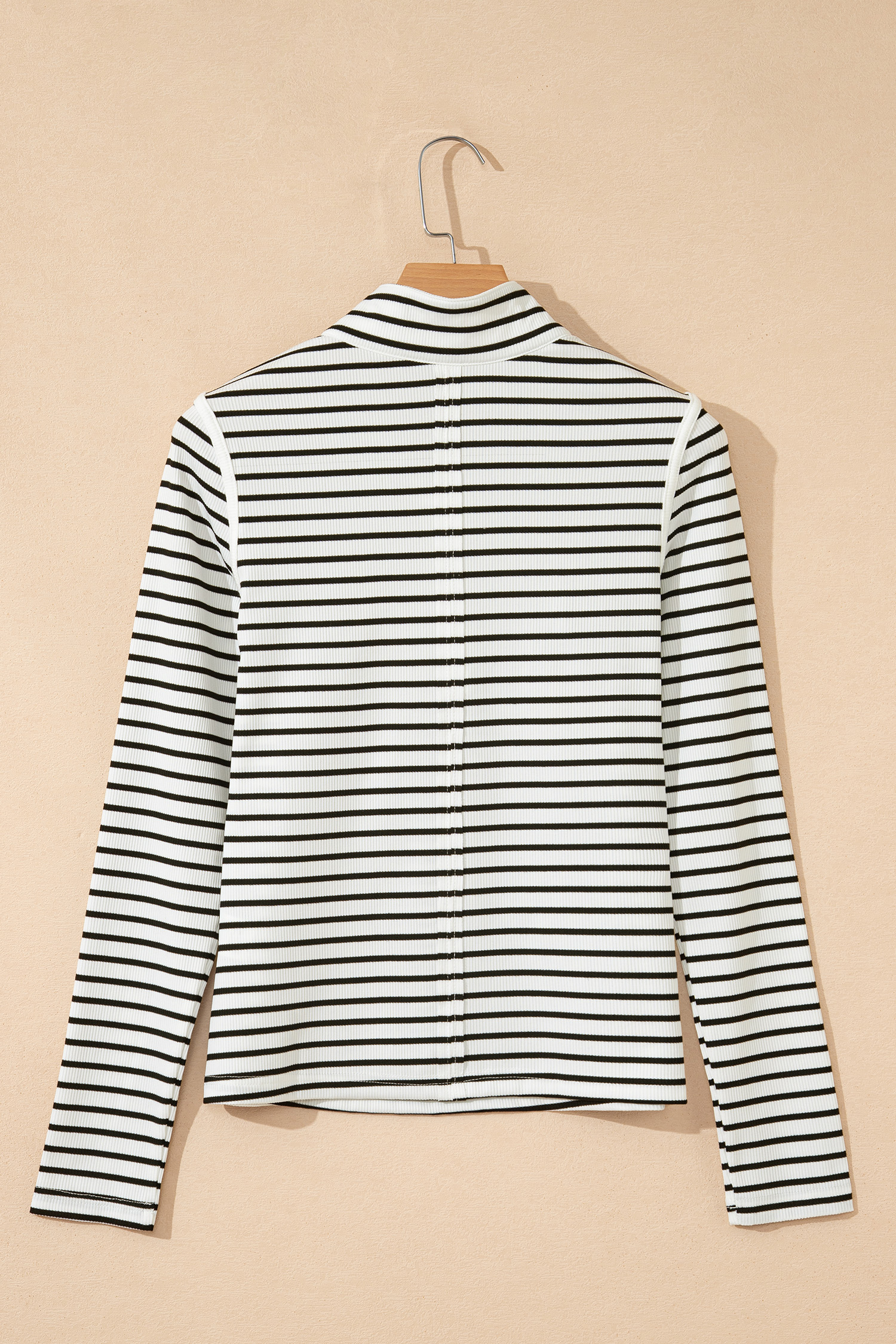 Black Stripe Ribbed Knit Half Button Long Sleeve Slim Top
