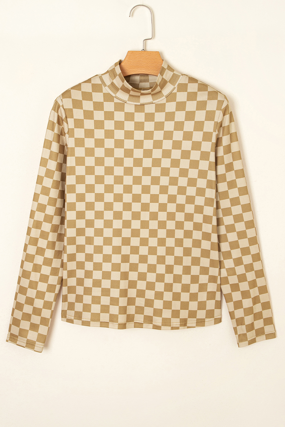 Khaki Check Pattern Turtleneck Ribbed Slim Long Sleeve Tee