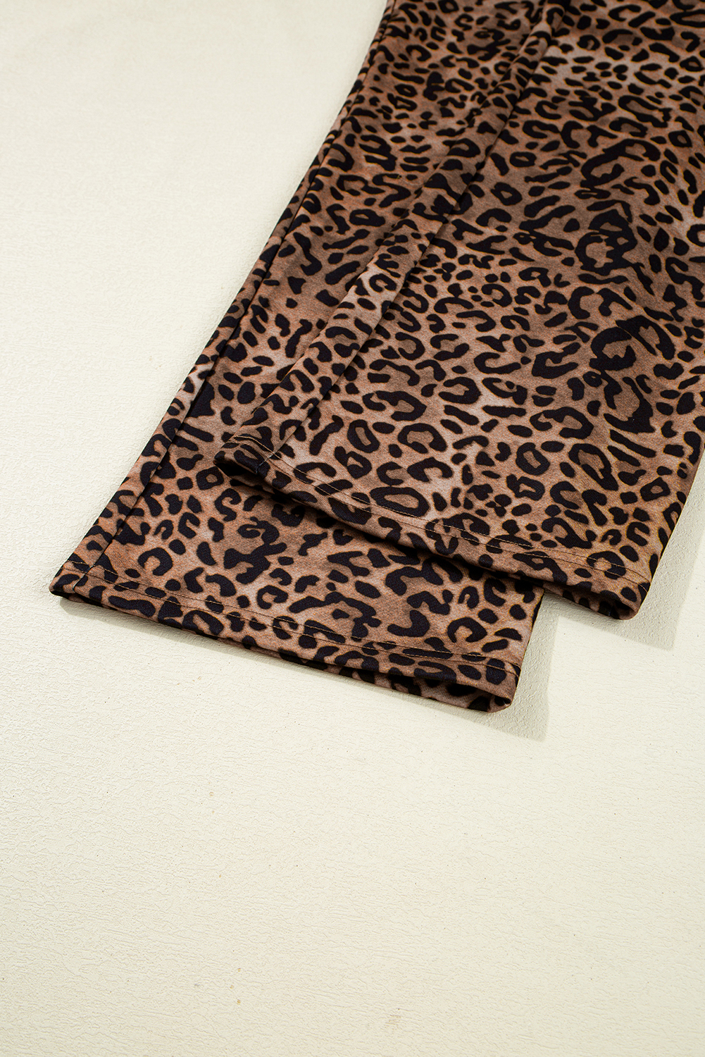 Coffee Leopard Print Contrast Trim Long Sleeve Top and Pants Set