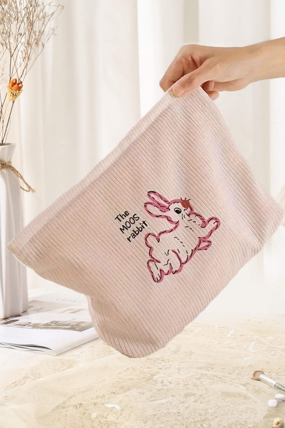 White Easter Rabbit Print Corduroy Makeup Storage Bag