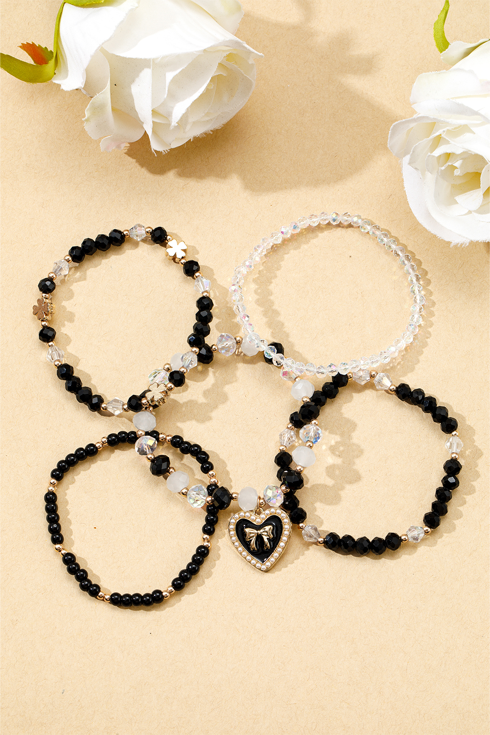 Black Heart Pendant Beaded Layered Bracelets