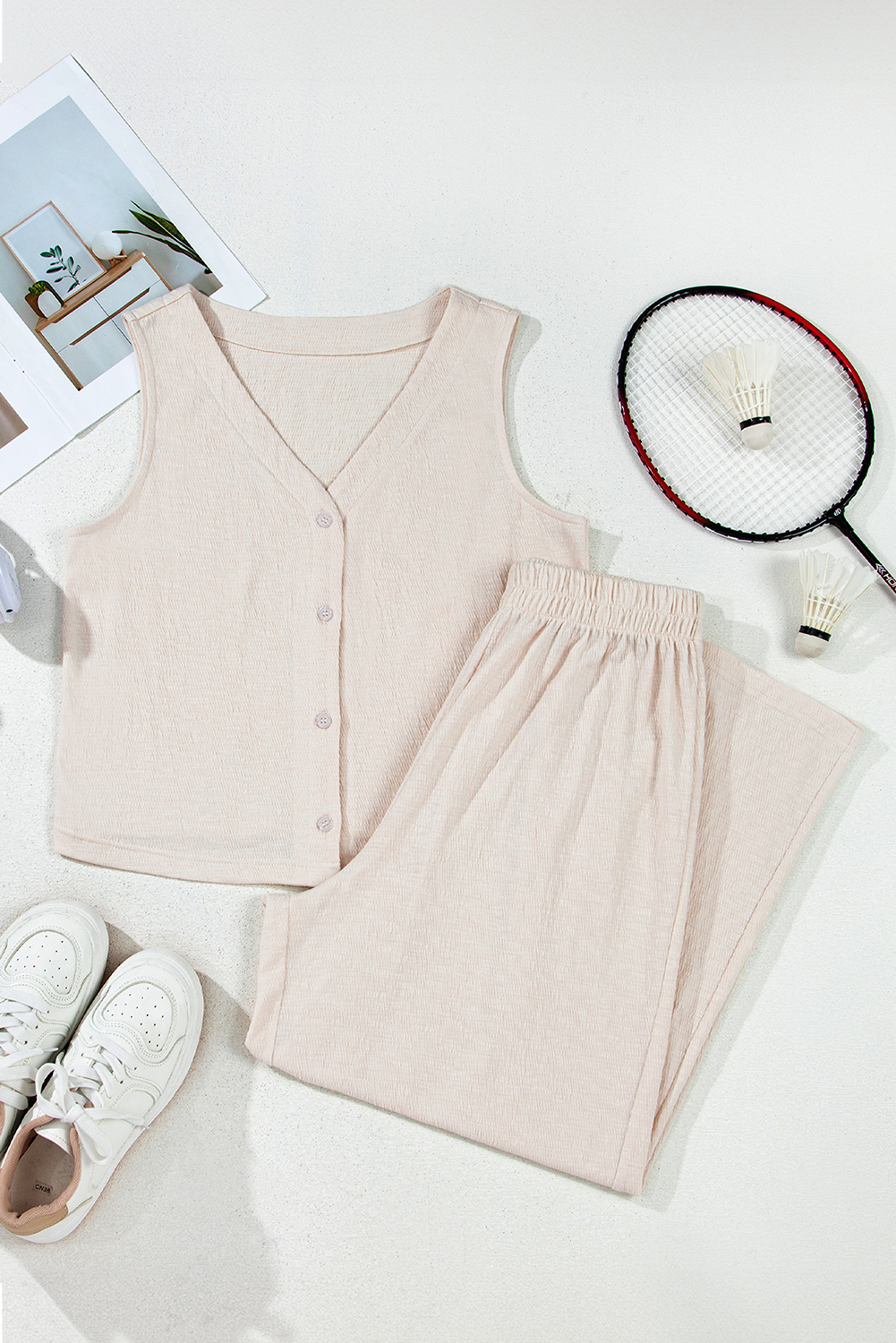 Apricot Buttoned V Neck Tank Top and Wide Leg Pants Casual Outfit