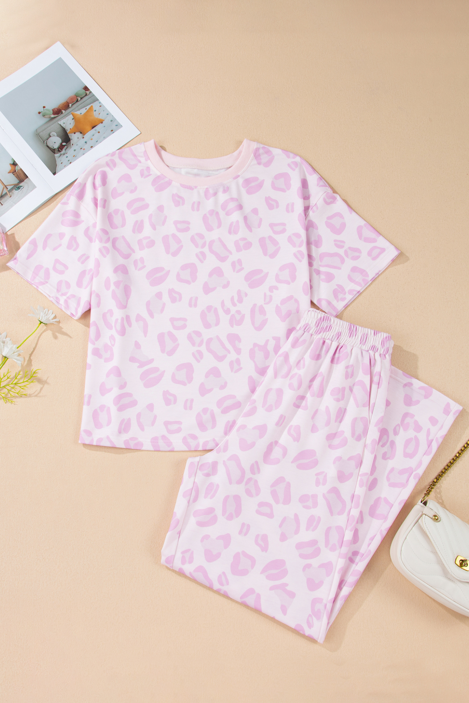 Pink Leopard Two Piece Top and Pants Set