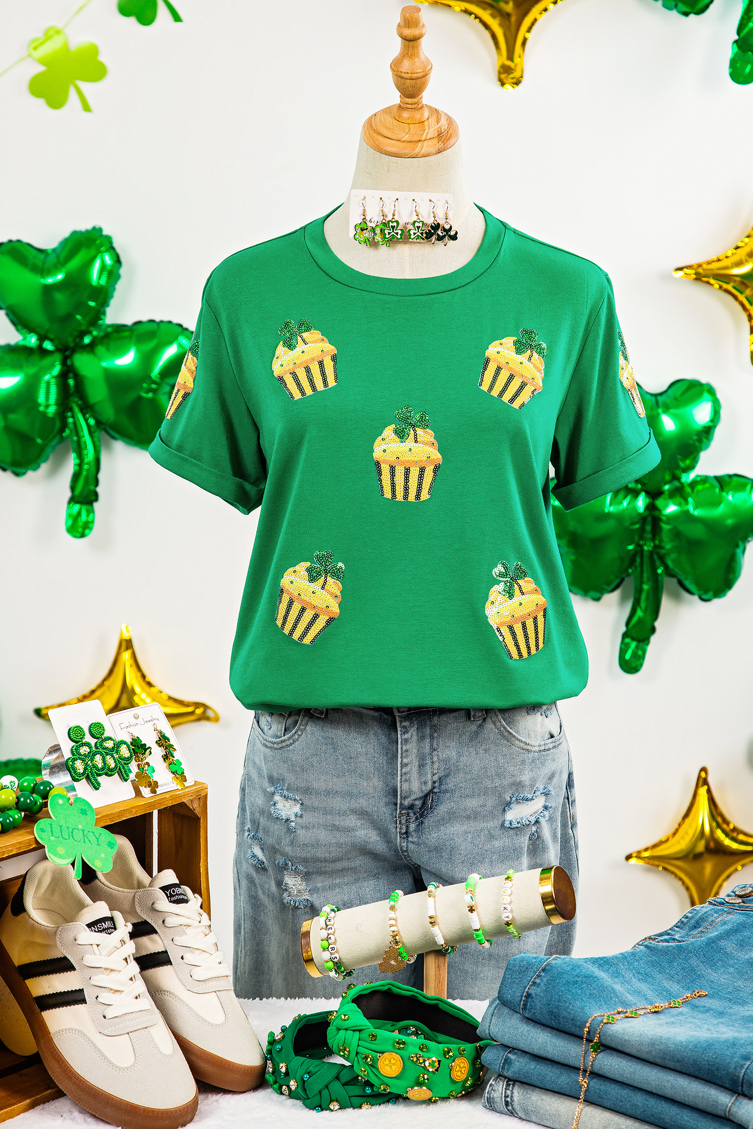 Bright Green St Patricks Day Sequin Cupcake Graphic T Shirt