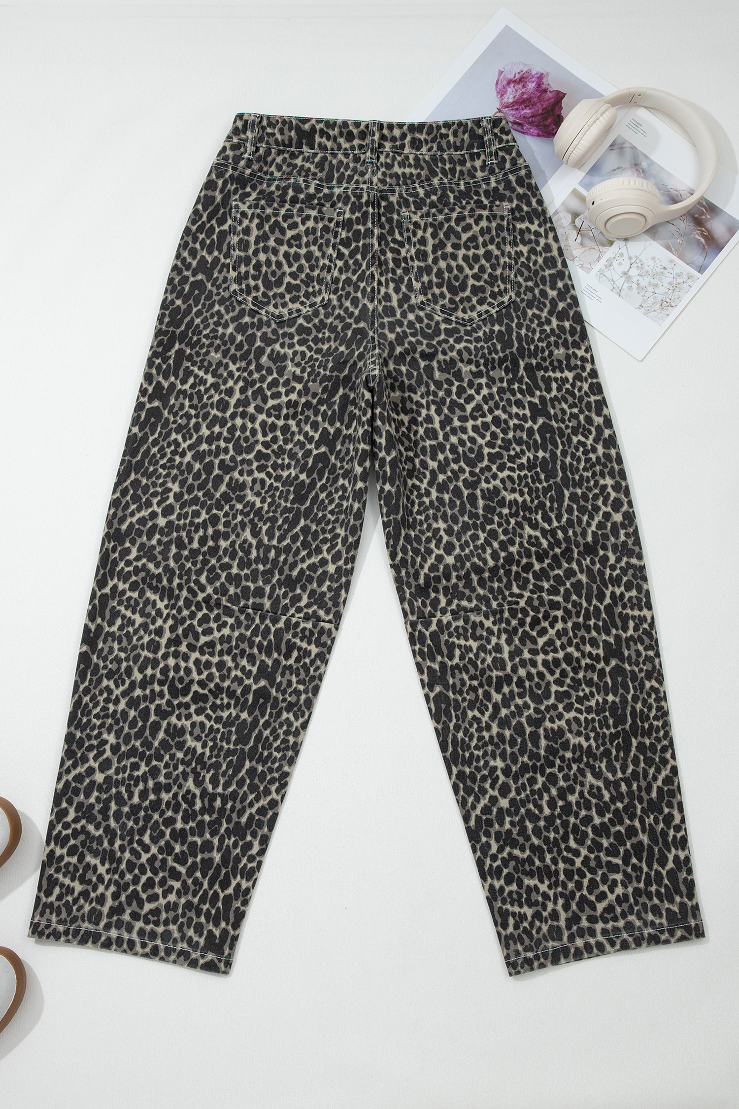 Black Leopard Print High Waist Barrel Jeans