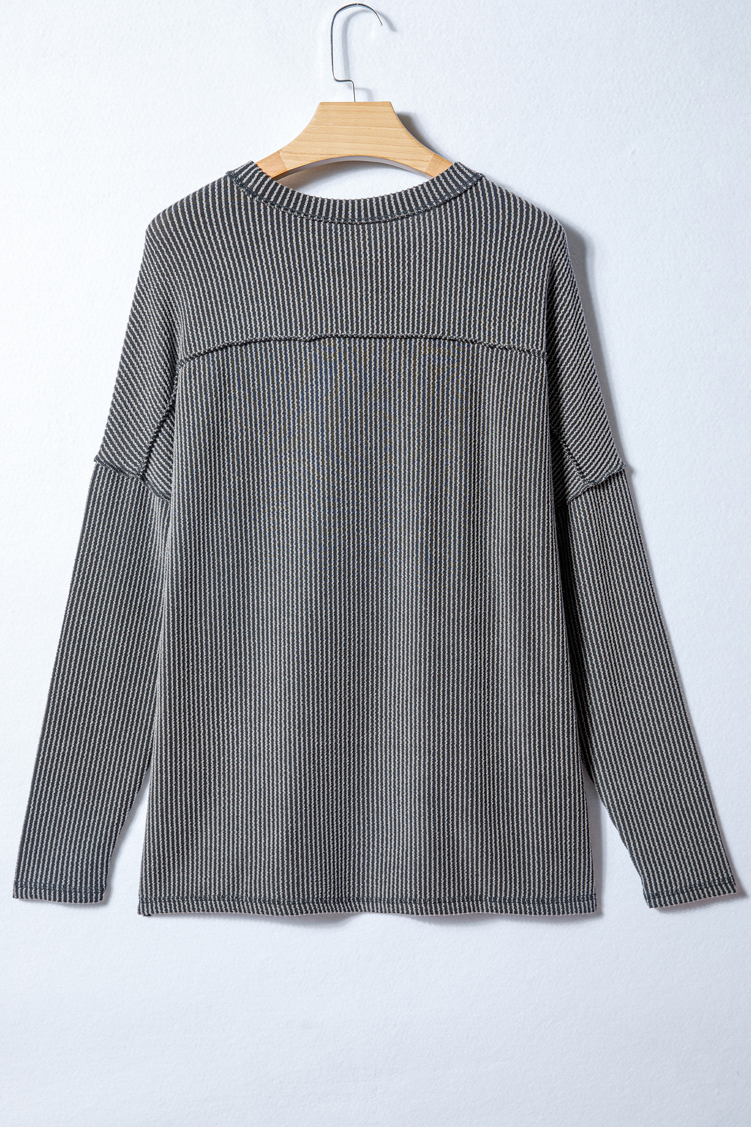 Dark Khaki Twist Ribbed Exposed Seam Detail Long Sleeve Loose Top