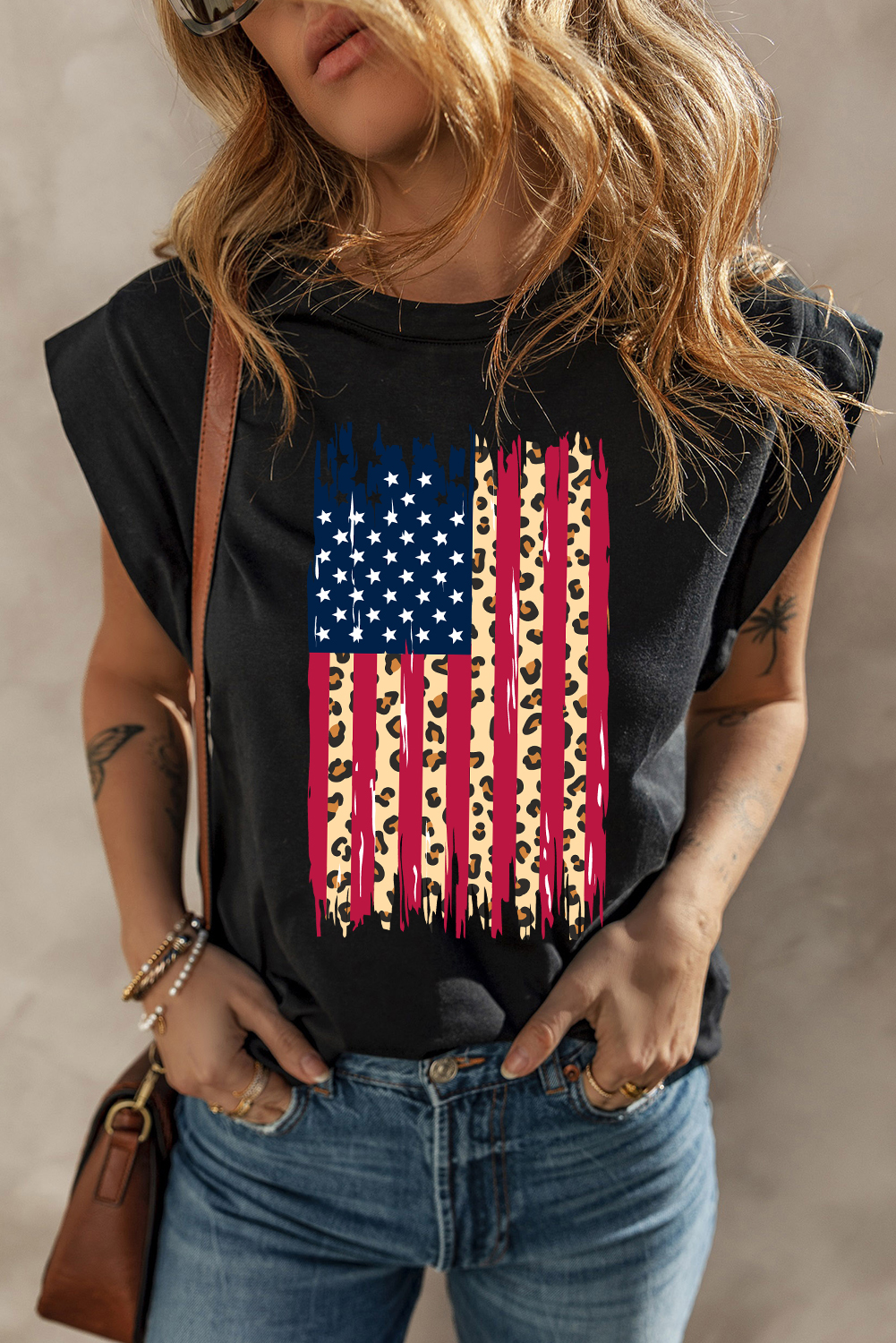 Black Leopard US Flag Printed Sleeveless Cotton Top