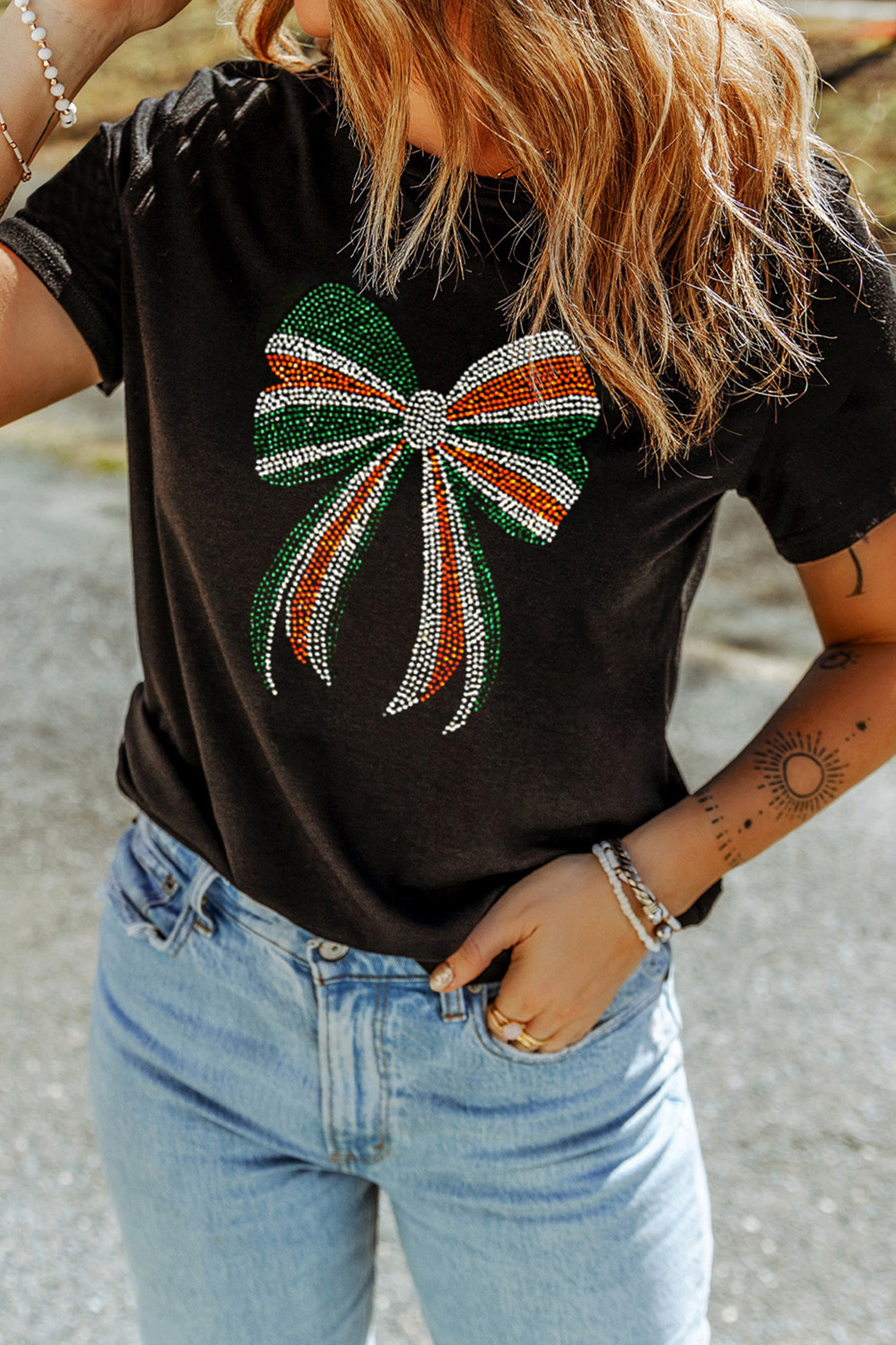 Black St Patricks Day Rhinestone Bow Casual Tee