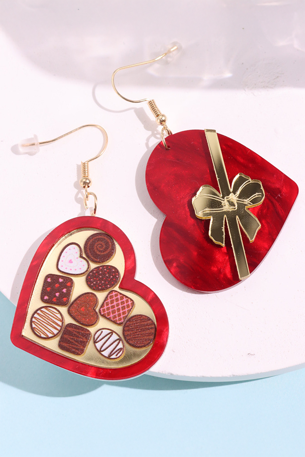Fiery Red Box of Chocolate Heart Shape Dangle Earrings