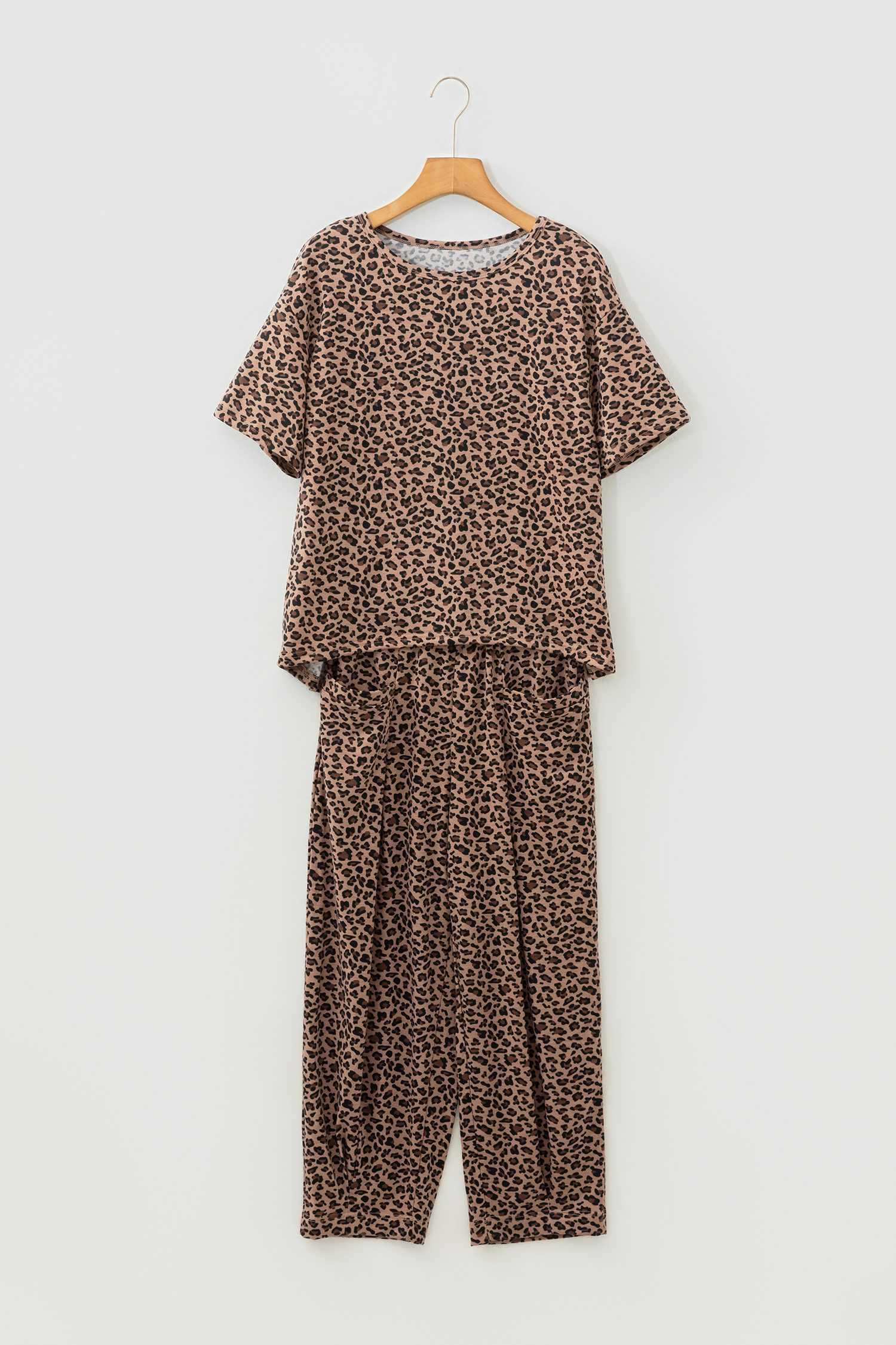 Brown Leopard Loose Tee Drawstring Waist Barrel Pants Set