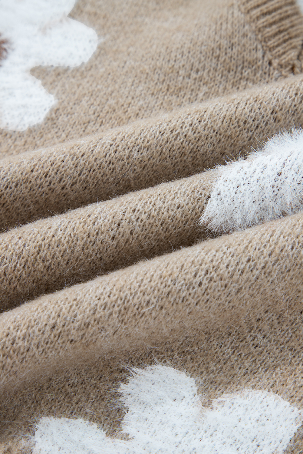 Smoke Gray Plush Flower Pattern Scalloped Trim V Neck Sweater